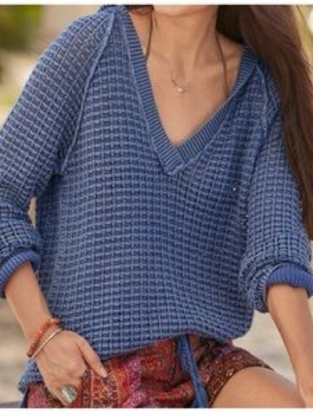 Sundance L Waffle Knit V-Neck Hooded Sweater